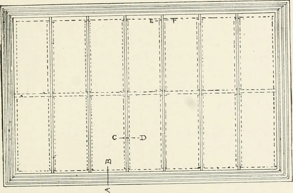 An illustration from Architectural iron and steel : and its application in the construction of buildings, including beams and girders in floor construction, rolled iron struts, wrought and cast-iron columns, fire-proof columns, column connections, cast-iron lintels, roof trusses, stairways, elevator enclosures, ornamental iron, floor lights, and skylights, vault lights, doors, and shutters, window guards and grilles, etc., etc., with specification of ironwork and selected papers in relation to ironwork, from a revision of the present law before the legislature affecting public interests in the city of New York, in so far as the same regulates the construction of buildings in said city, tables selected expressly for this work, of the properties of beams, channels, tees and angles, used as beams, struts and columns, weights of iron and steel bars, capacity of tanks, areas of circles, weights of circular and square cast-iron columns, weights of substances, tables of squares, cubes, etc., weights of sheet copper, brass and iron, etc, 1892, leaf 126