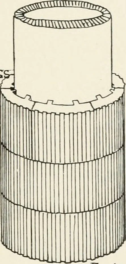 An illustration from Architectural iron and steel : and its application in the construction of buildings, including beams and girders in floor construction, rolled iron struts, wrought and cast-iron columns, fire-proof columns, column connections, cast-iron lintels, roof trusses, stairways, elevator enclosures, ornamental iron, floor lights, and skylights, vault lights, doors, and shutters, window guards and grilles, etc., etc., with specification of ironwork and selected papers in relation to ironwork, from a revision of the present law before the legislature affecting public interests in the city of New York, in so far as the same regulates the construction of buildings in said city, tables selected expressly for this work, of the properties of beams, channels, tees and angles, used as beams, struts and columns, weights of iron and steel bars, capacity of tanks, areas of circles, weights of circular and square cast-iron columns, weights of substances, tables of squares, cubes, etc., weights of sheet copper, brass and iron, etc, 1892, leaf 132