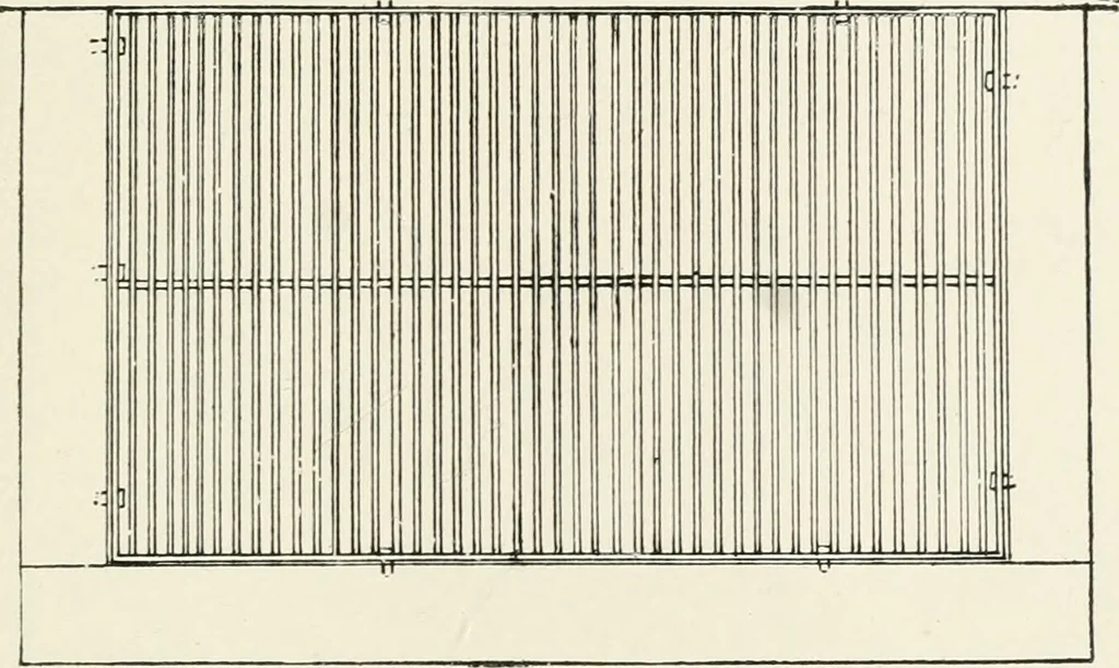 An illustration from Architectural iron and steel : and its application in the construction of buildings, including beams and girders in floor construction, rolled iron struts, wrought and cast-iron columns, fire-proof columns, column connections, cast-iron lintels, roof trusses, stairways, elevator enclosures, ornamental iron, floor lights, and skylights, vault lights, doors, and shutters, window guards and grilles, etc., etc., with specification of ironwork and selected papers in relation to ironwork, from a revision of the present law before the legislature affecting public interests in the city of New York, in so far as the same regulates the construction of buildings in said city, tables selected expressly for this work, of the properties of beams, channels, tees and angles, used as beams, struts and columns, weights of iron and steel bars, capacity of tanks, areas of circles, weights of circular and square cast-iron columns, weights of substances, tables of squares, cubes, etc., weights of sheet copper, brass and iron, etc, 1892, leaf 150