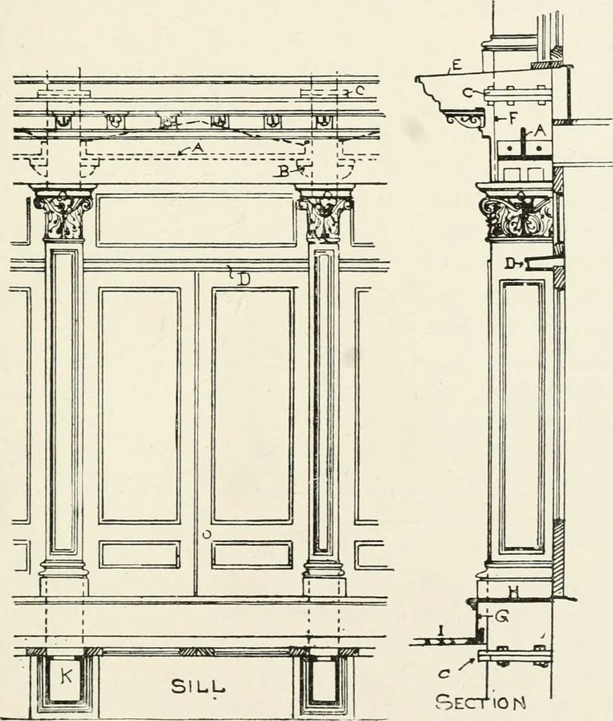 An illustration from Architectural iron and steel : and its application in the construction of buildings, including beams and girders in floor construction, rolled iron struts, wrought and cast-iron columns, fire-proof columns, column connections, cast-iron lintels, roof trusses, stairways, elevator enclosures, ornamental iron, floor lights, and skylights, vault lights, doors, and shutters, window guards and grilles, etc., etc., with specification of ironwork and selected papers in relation to ironwork, from a revision of the present law before the legislature affecting public interests in the city of New York, in so far as the same regulates the construction of buildings in said city, tables selected expressly for this work, of the properties of beams, channels, tees and angles, used as beams, struts and columns, weights of iron and steel bars, capacity of tanks, areas of circles, weights of circular and square cast-iron columns, weights of substances, tables of squares, cubes, etc., weights of sheet copper, brass and iron, etc, 1892, leaf 154