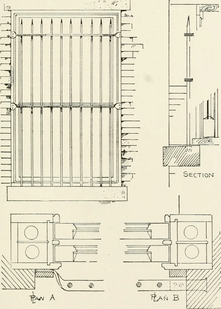 An illustration from Architectural iron and steel : and its application in the construction of buildings, including beams and girders in floor construction, rolled iron struts, wrought and cast-iron columns, fire-proof columns, column connections, cast-iron lintels, roof trusses, stairways, elevator enclosures, ornamental iron, floor lights, and skylights, vault lights, doors, and shutters, window guards and grilles, etc., etc., with specification of ironwork and selected papers in relation to ironwork, from a revision of the present law before the legislature affecting public interests in the city of New York, in so far as the same regulates the construction of buildings in said city, tables selected expressly for this work, of the properties of beams, channels, tees and angles, used as beams, struts and columns, weights of iron and steel bars, capacity of tanks, areas of circles, weights of circular and square cast-iron columns, weights of substances, tables of squares, cubes, etc., weights of sheet copper, brass and iron, etc, 1892, leaf 160