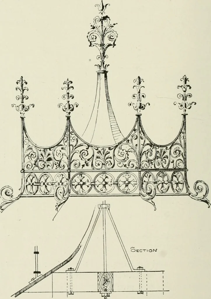 An illustration from Architectural iron and steel : and its application in the construction of buildings, including beams and girders in floor construction, rolled iron struts, wrought and cast-iron columns, fire-proof columns, column connections, cast-iron lintels, roof trusses, stairways, elevator enclosures, ornamental iron, floor lights, and skylights, vault lights, doors, and shutters, window guards and grilles, etc., etc., with specification of ironwork and selected papers in relation to ironwork, from a revision of the present law before the legislature affecting public interests in the city of New York, in so far as the same regulates the construction of buildings in said city, tables selected expressly for this work, of the properties of beams, channels, tees and angles, used as beams, struts and columns, weights of iron and steel bars, capacity of tanks, areas of circles, weights of circular and square cast-iron columns, weights of substances, tables of squares, cubes, etc., weights of sheet copper, brass and iron, etc, 1892, leaf 167