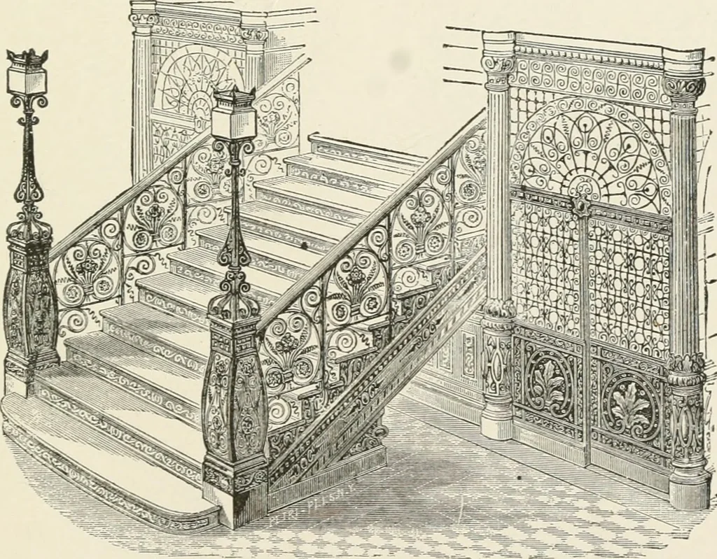 An illustration from Architectural iron and steel : and its application in the construction of buildings, including beams and girders in floor construction, rolled iron struts, wrought and cast-iron columns, fire-proof columns, column connections, cast-iron lintels, roof trusses, stairways, elevator enclosures, ornamental iron, floor lights, and skylights, vault lights, doors, and shutters, window guards and grilles, etc., etc., with specification of ironwork and selected papers in relation to ironwork, from a revision of the present law before the legislature affecting public interests in the city of New York, in so far as the same regulates the construction of buildings in said city, tables selected expressly for this work, of the properties of beams, channels, tees and angles, used as beams, struts and columns, weights of iron and steel bars, capacity of tanks, areas of circles, weights of circular and square cast-iron columns, weights of substances, tables of squares, cubes, etc., weights of sheet copper, brass and iron, etc, 1892, leaf 224