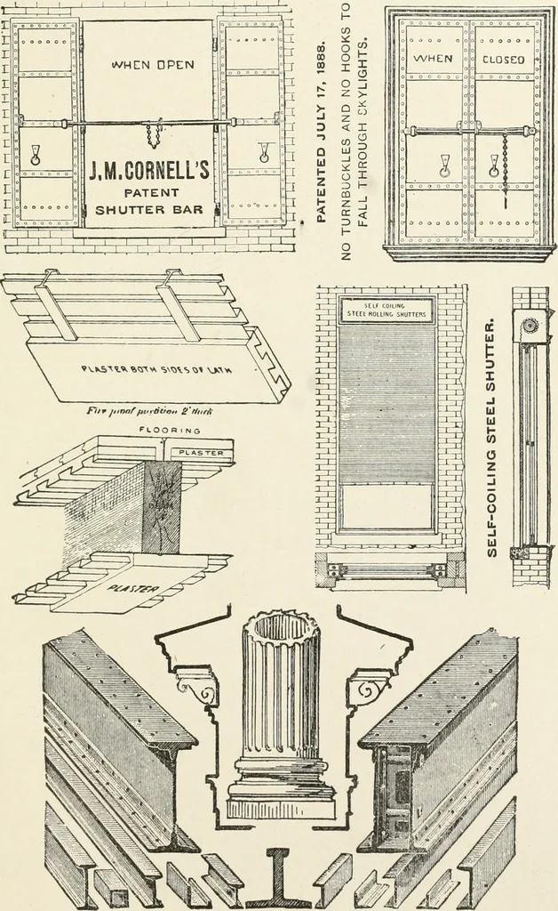 An illustration from Architectural iron and steel : and its application in the construction of buildings, including beams and girders in floor construction, rolled iron struts, wrought and cast-iron columns, fire-proof columns, column connections, cast-iron lintels, roof trusses, stairways, elevator enclosures, ornamental iron, floor lights, and skylights, vault lights, doors, and shutters, window guards and grilles, etc., etc., with specification of ironwork and selected papers in relation to ironwork, from a revision of the present law before the legislature affecting public interests in the city of New York, in so far as the same regulates the construction of buildings in said city, tables selected expressly for this work, of the properties of beams, channels, tees and angles, used as beams, struts and columns, weights of iron and steel bars, capacity of tanks, areas of circles, weights of circular and square cast-iron columns, weights of substances, tables of squares, cubes, etc., weights of sheet copper, brass and iron, etc, 1892, leaf 226