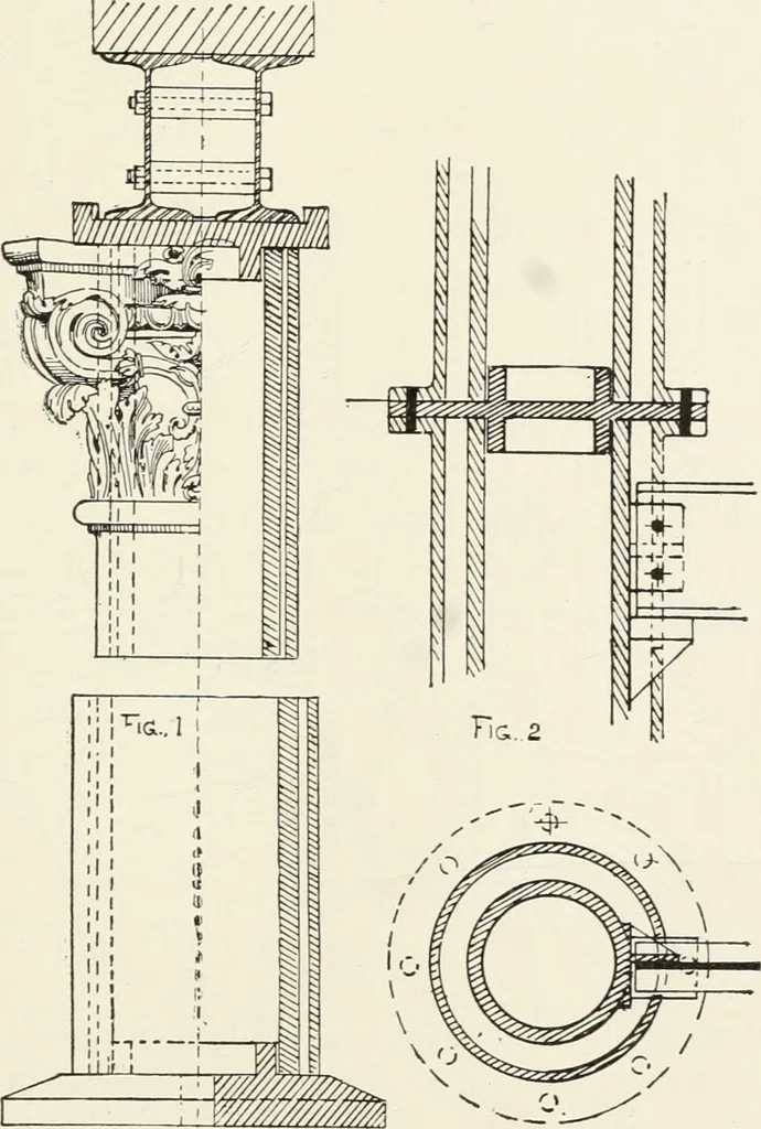 An illustration from Architectural iron and steel : and its application in the construction of buildings, including beams and girders in floor construction, rolled iron struts, wrought and cast-iron columns, fire-proof columns, column connections, cast-iron lintels, roof trusses, stairways, elevator enclosures, ornamental iron, floor lights, and skylights, vault lights, doors, and shutters, window guards and grilles, etc., etc., with specification of ironwork and selected papers in relation to ironwork, from a revision of the present law before the legislature affecting public interests in the city of New York, in so far as the same regulates the construction of buildings in said city, tables selected expressly for this work, of the properties of beams, channels, tees and angles, used as beams, struts and columns, weights of iron and steel bars, capacity of tanks, areas of circles, weights of circular and square cast-iron columns, weights of substances, tables of squares, cubes, etc., weights of sheet copper, brass and iron, etc, 1892, leaf 80