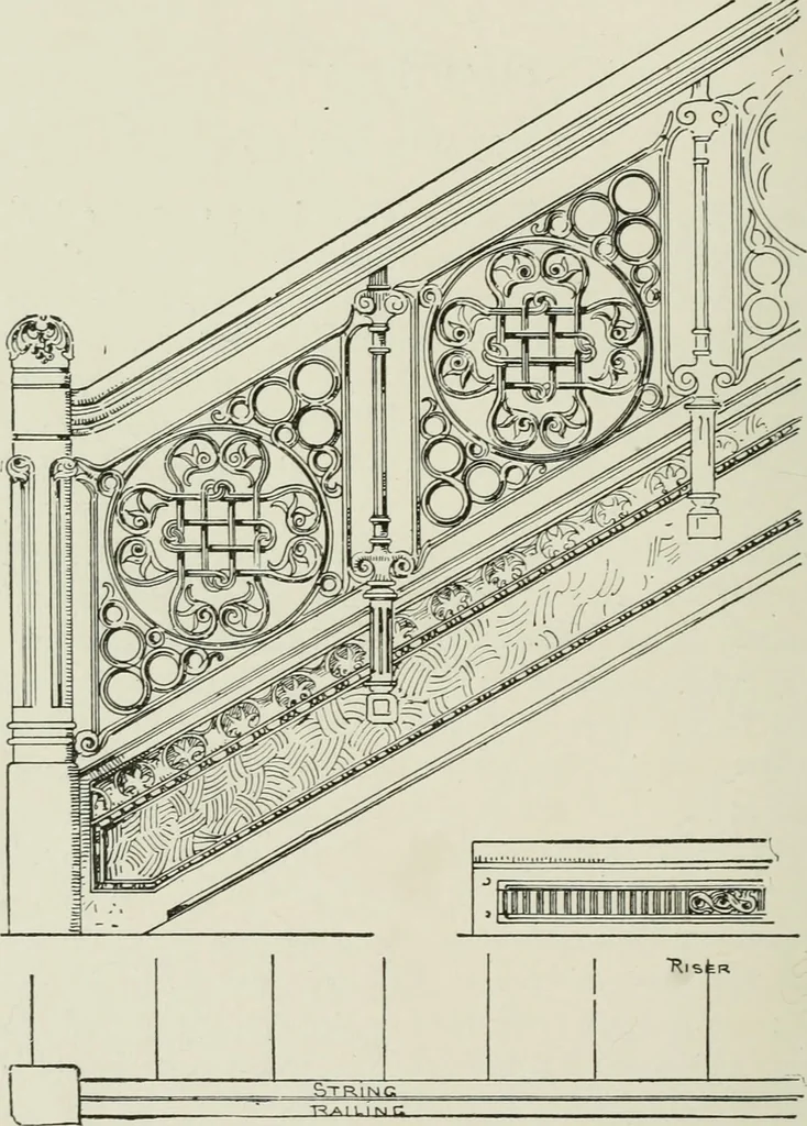 An illustration from Architectural iron and steel : and its application in the construction of buildings, including beams and girders in floor construction, rolled iron struts, wrought and cast-iron columns, fire-proof columns, column connections, cast-iron lintels, roof trusses, stairways, elevator enclosures, ornamental iron, floor lights, and skylights, vault lights, doors, and shutters, window guards and grilles, etc., etc., with specification of ironwork and selected papers in relation to ironwork, from a revision of the present law before the legislature affecting public interests in the city of New York, in so far as the same regulates the construction of buildings in said city, tables selected expressly for this work, of the properties of beams, channels, tees and angles, used as beams, struts and columns, weights of iron and steel bars, capacity of tanks, areas of circles, weights of circular and square cast-iron columns, weights of substances, tables of squares, cubes, etc., weights of sheet copper, brass and iron, etc, 1892, leaf 93