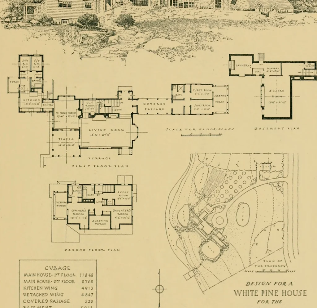 An illustration from An architectural monograph on a white pine house for the vacation season; competitive drawings, with report of the jury of architects., 1918, leaf 10