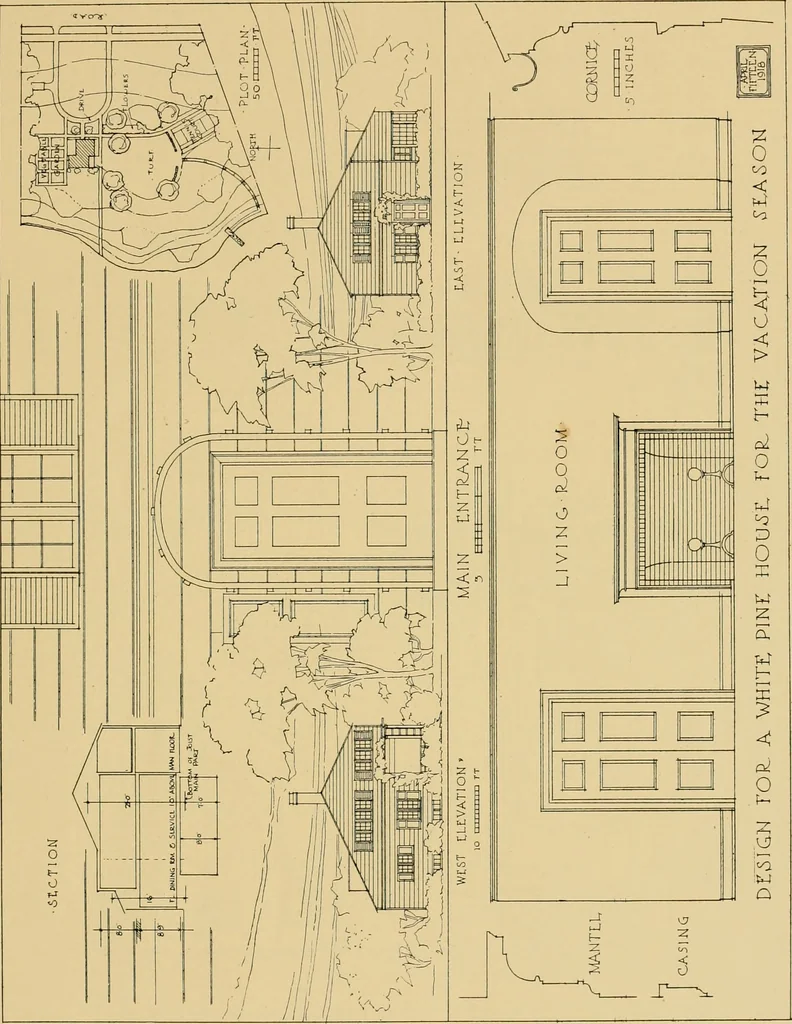 An illustration from An architectural monograph on a white pine house for the vacation season; competitive drawings, with report of the jury of architects., 1918, leaf 12