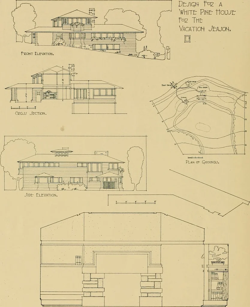 An illustration from An architectural monograph on a white pine house for the vacation season; competitive drawings, with report of the jury of architects., 1918, leaf 13