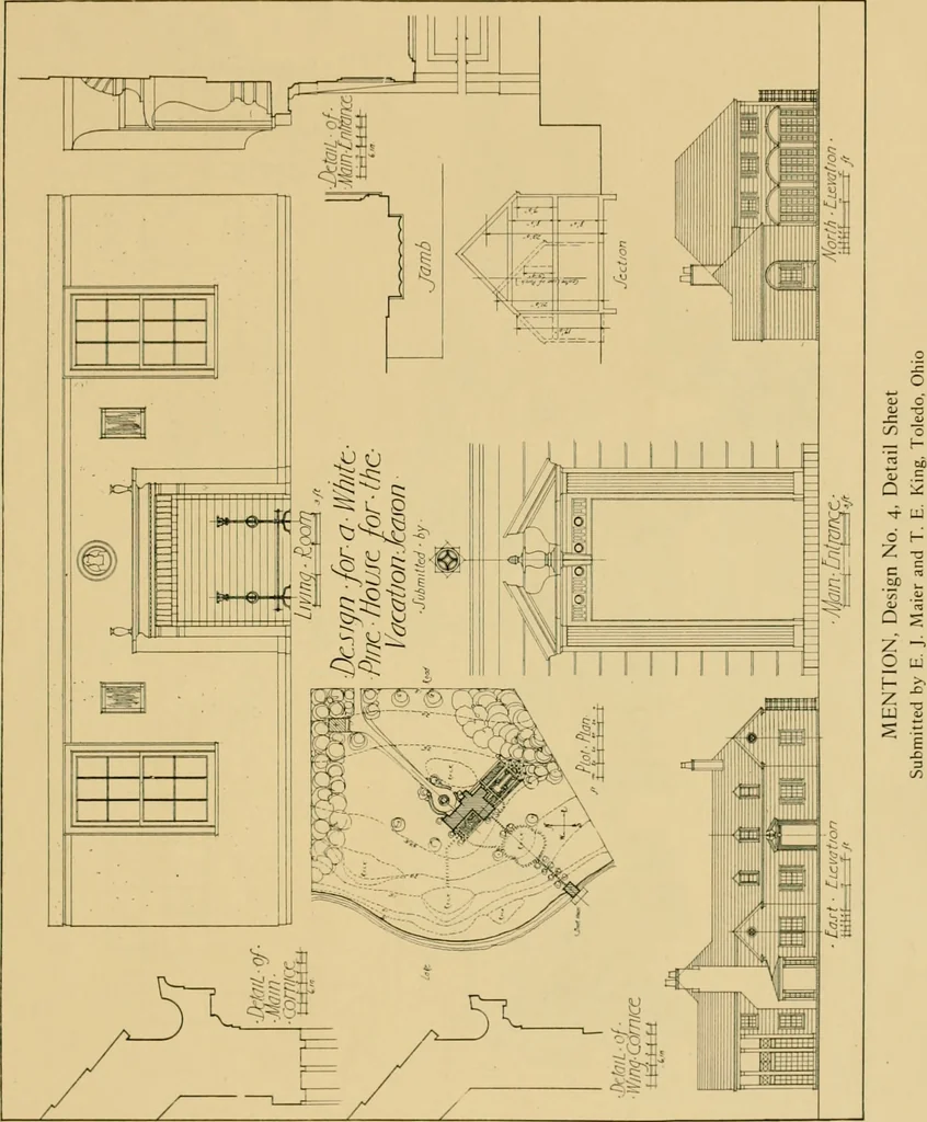 An illustration from An architectural monograph on a white pine house for the vacation season; competitive drawings, with report of the jury of architects., 1918, leaf 16