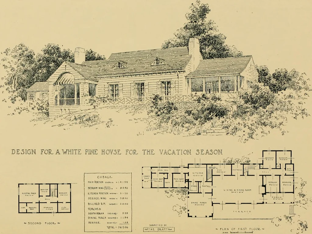 An illustration from An architectural monograph on a white pine house for the vacation season; competitive drawings, with report of the jury of architects., 1918, leaf 17