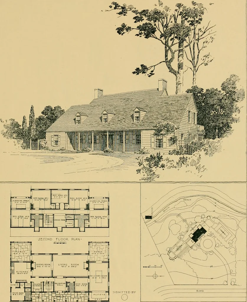 An illustration from An architectural monograph on a white pine house for the vacation season; competitive drawings, with report of the jury of architects., 1918, leaf 22