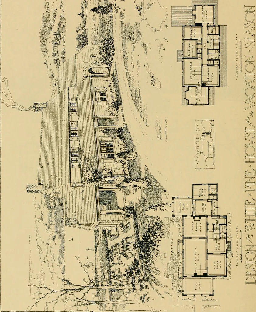 An illustration from An architectural monograph on a white pine house for the vacation season; competitive drawings, with report of the jury of architects., 1918, leaf 27