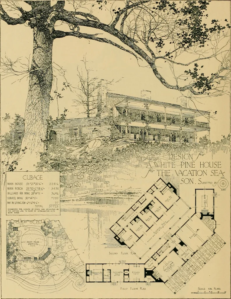 An illustration from An architectural monograph on a white pine house for the vacation season; competitive drawings, with report of the jury of architects., 1918, leaf 3