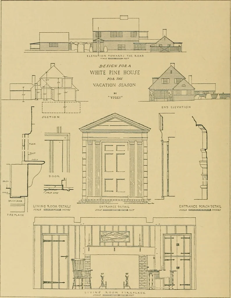 An illustration from An architectural monograph on a white pine house for the vacation season; competitive drawings, with report of the jury of architects., 1918, leaf 9