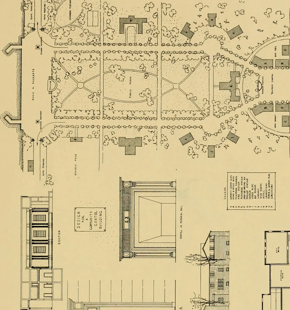 An illustration from An Architectural monograph on a community center building to be built of white pine., 1919, leaf 14