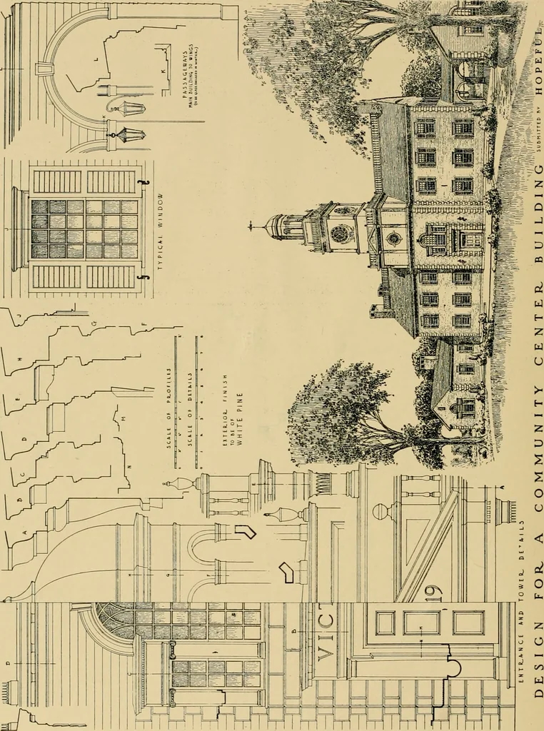 An illustration from An Architectural monograph on a community center building to be built of white pine., 1919, leaf 19