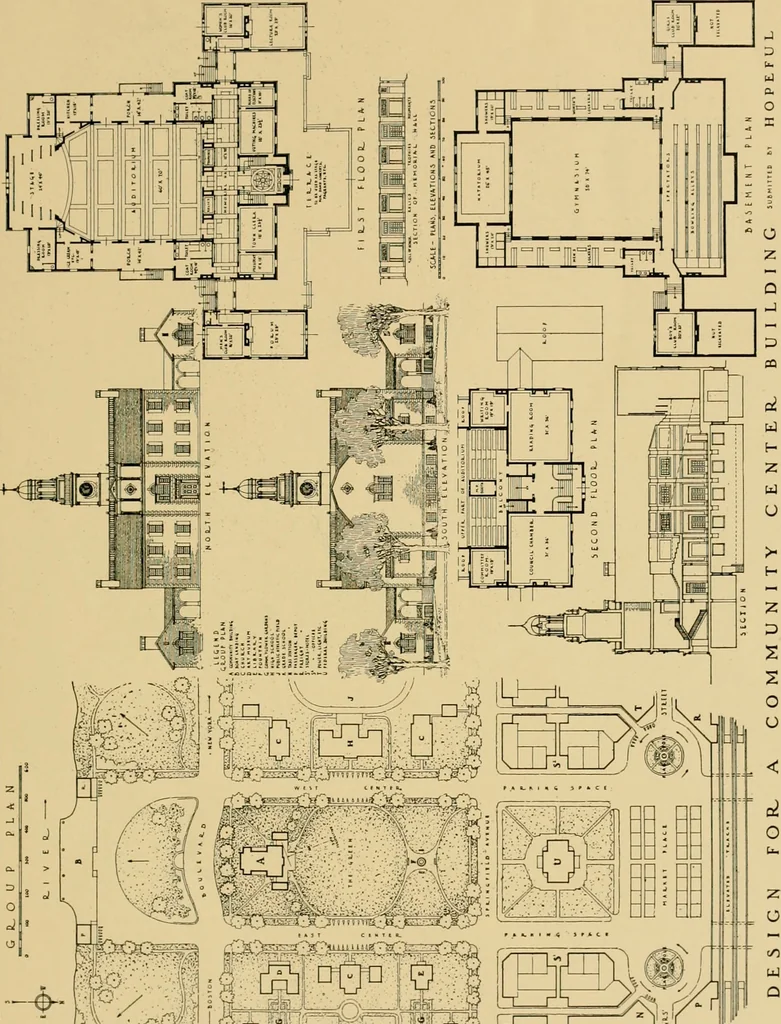 An illustration from An Architectural monograph on a community center building to be built of white pine., 1919, leaf 20