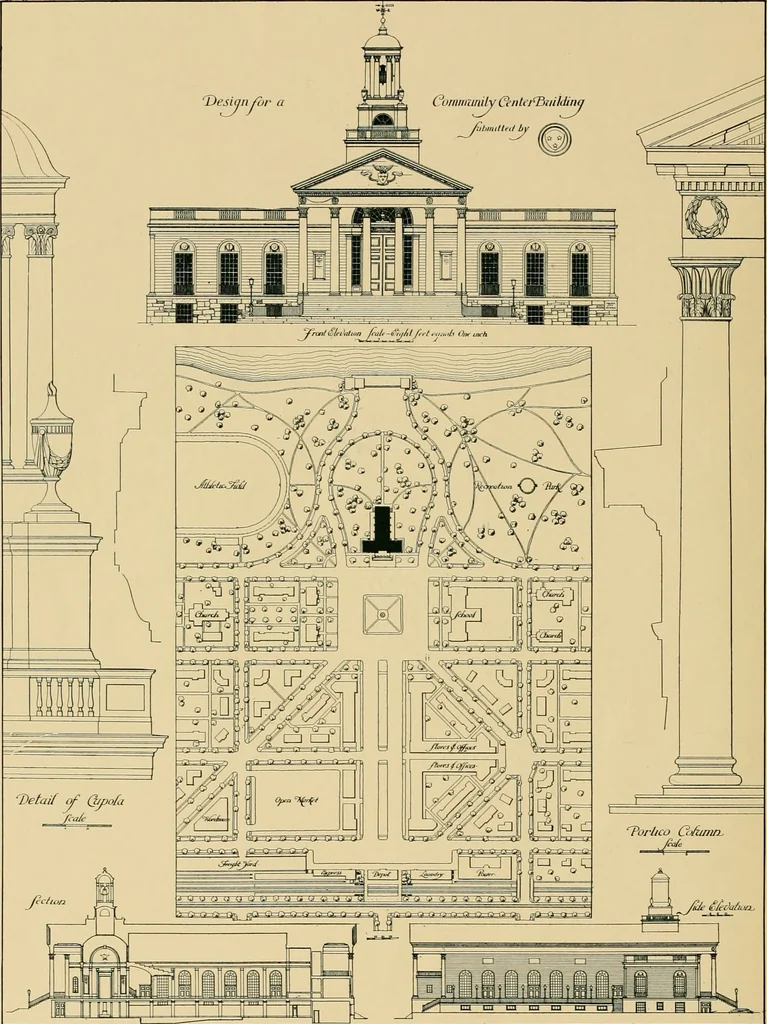 An illustration from An Architectural monograph on a community center building to be built of white pine., 1919, leaf 23