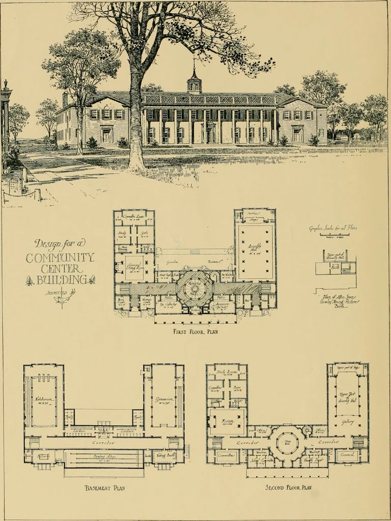 An illustration from An Architectural monograph on a community center building to be built of white pine., 1919, leaf 3
