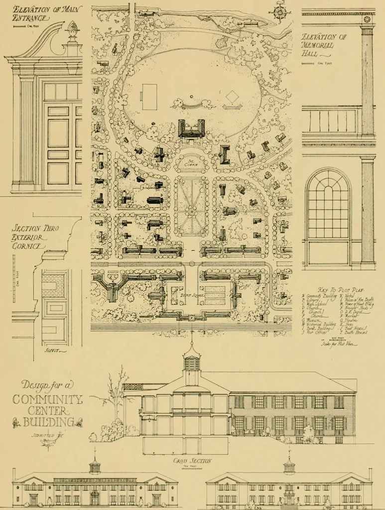 An illustration from An Architectural monograph on a community center building to be built of white pine., 1919, leaf 6