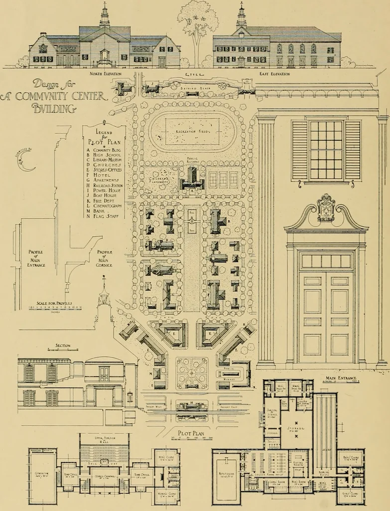 An illustration from An Architectural monograph on a community center building to be built of white pine., 1919, leaf 7