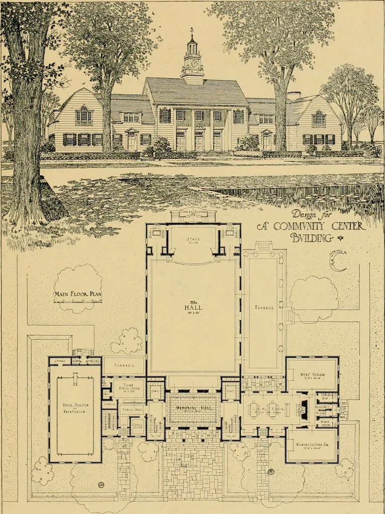 An illustration from An Architectural monograph on a community center building to be built of white pine., 1919, leaf 8