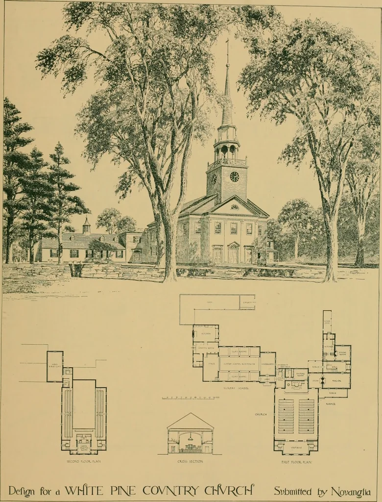 An illustration from An architectural monograph on a country church & Sunday school building with the minister’s residence, to be built of white pine;, 1922, leaf 14