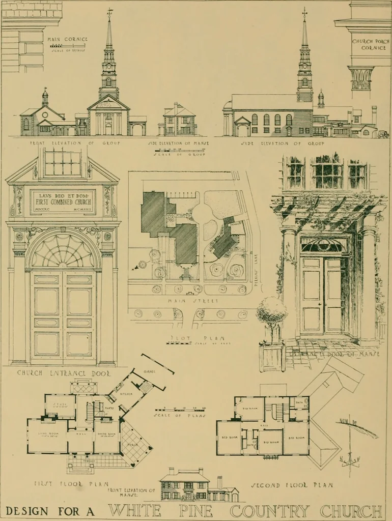 An illustration from An architectural monograph on a country church & Sunday school building with the minister’s residence, to be built of white pine;, 1922, leaf 15