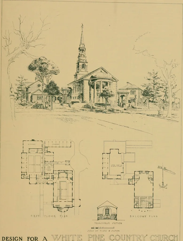 An illustration from An architectural monograph on a country church & Sunday school building with the minister’s residence, to be built of white pine;, 1922, leaf 16