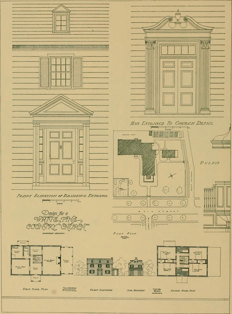 An illustration from An architectural monograph on a country church & Sunday school building with the minister’s residence, to be built of white pine;, 1922, leaf 17