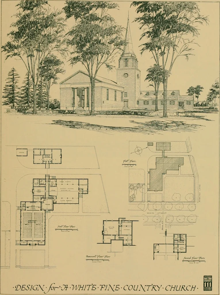 An illustration from An architectural monograph on a country church & Sunday school building with the minister’s residence, to be built of white pine;, 1922, leaf 20