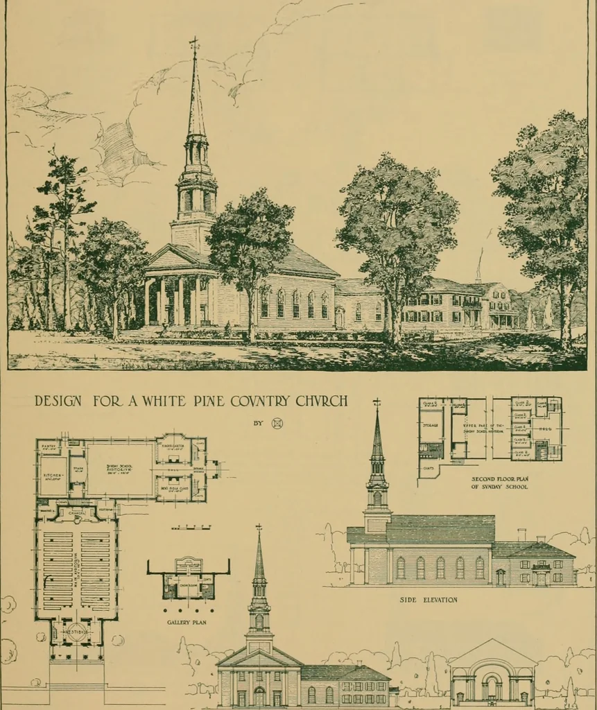 An illustration from An architectural monograph on a country church & Sunday school building with the minister’s residence, to be built of white pine;, 1922, leaf 22