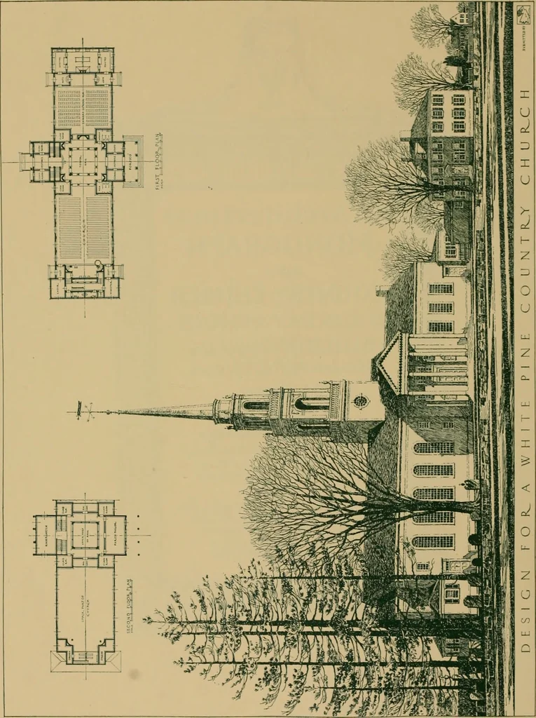 An illustration from An architectural monograph on a country church & Sunday school building with the minister’s residence, to be built of white pine;, 1922, leaf 3