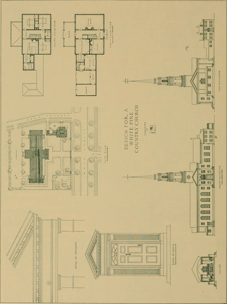 An illustration from An architectural monograph on a country church & Sunday school building with the minister’s residence, to be built of white pine;, 1922, leaf 5