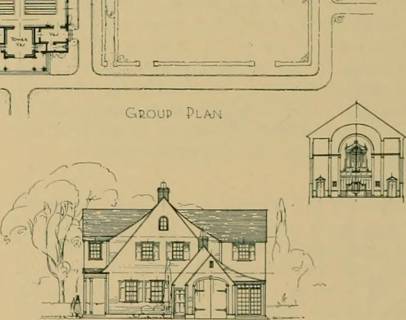 An illustration from An architectural monograph on a country church & Sunday school building with the minister’s residence, to be built of white pine;, 1922, leaf 7