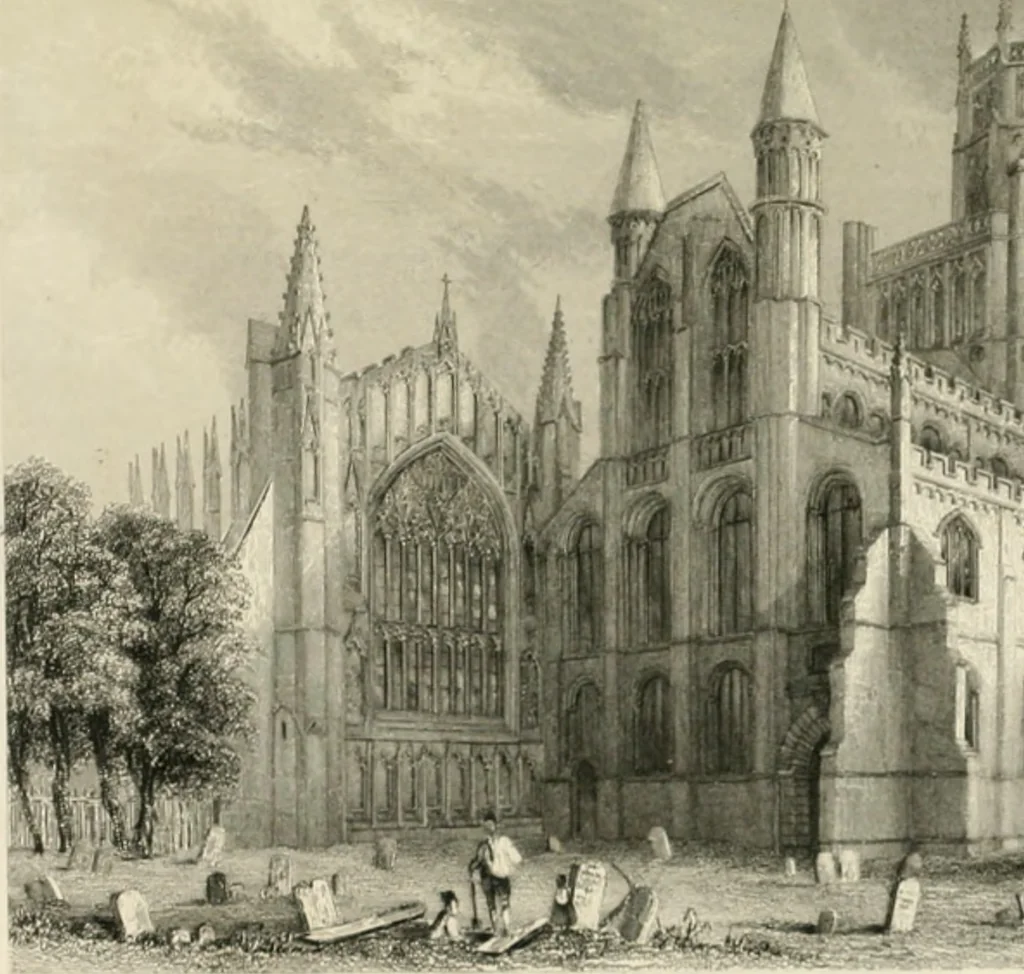 An illustration from Architectural and picturesque illustrations of the cathedral churches of England and Wales. The drawings made from sketches taken expressly for this work, by Robert Garland. With descriptions by Thomas Moule, 1838, leaf 104