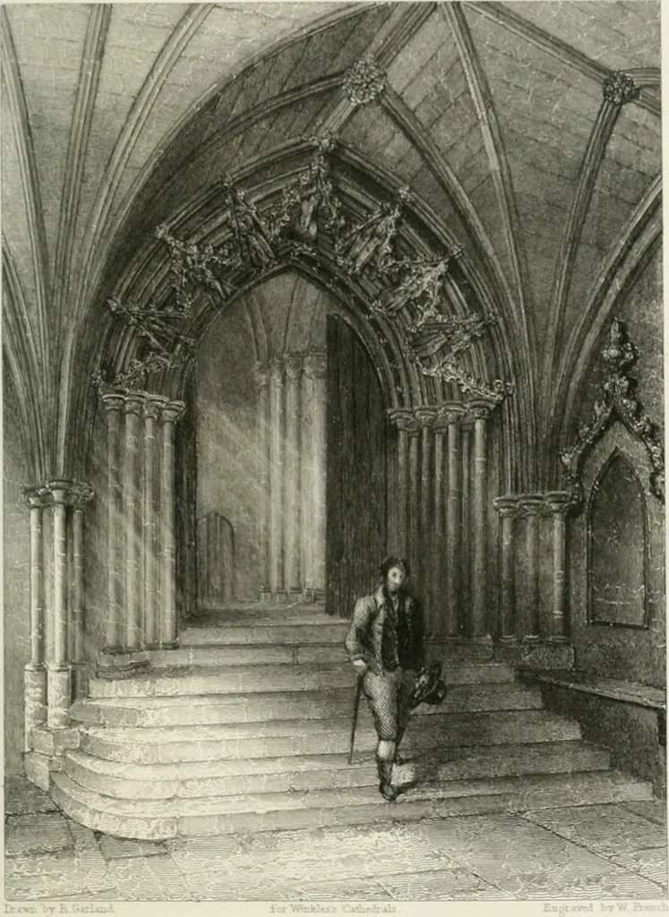 An illustration from Architectural and picturesque illustrations of the cathedral churches of England and Wales. The drawings made from sketches taken expressly for this work, by Robert Garland. With descriptions by Thomas Moule, 1838, leaf 184