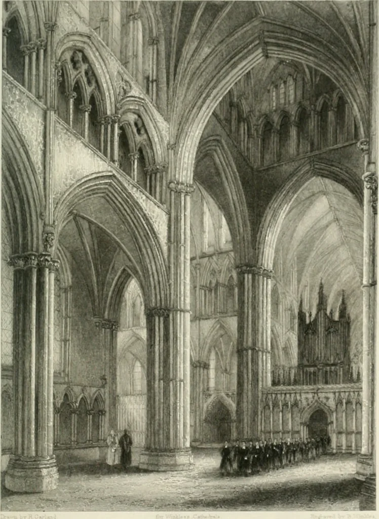 An illustration from Architectural and picturesque illustrations of the cathedral churches of England and Wales. The drawings made from sketches taken expressly for this work, by Robert Garland. With descriptions by Thomas Moule, 1838, leaf 40