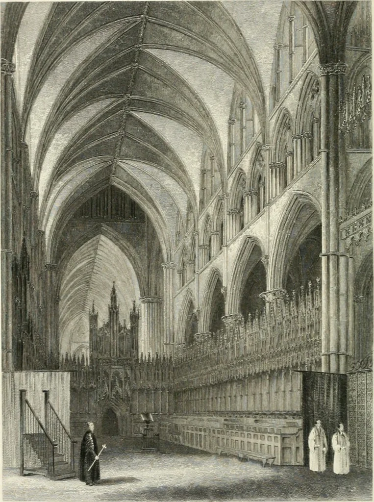 An illustration from Architectural and picturesque illustrations of the cathedral churches of England and Wales. The drawings made from sketches taken expressly for this work, by Robert Garland. With descriptions by Thomas Moule, 1838, leaf 43