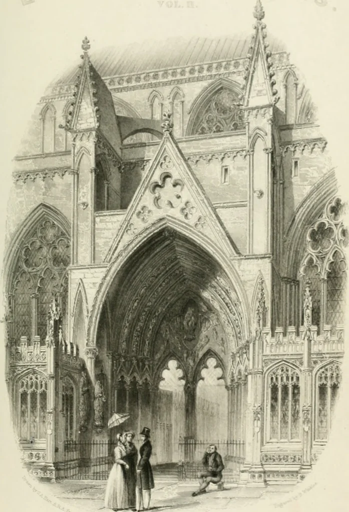 An illustration from Architectural and picturesque illustrations of the cathedral churches of England and Wales. The drawings made from sketches taken expressly for this work, by Robert Garland. With descriptions by Thomas Moule, 1838, leaf 6