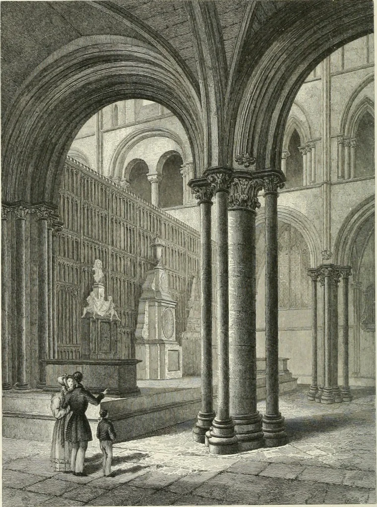 An illustration from Architectural and picturesque illustrations of the cathedral churches of England and Wales. The drawings made from sketches taken expressly for this work, by Robert Garland. With descriptions by Thomas Moule, 1838, leaf 77