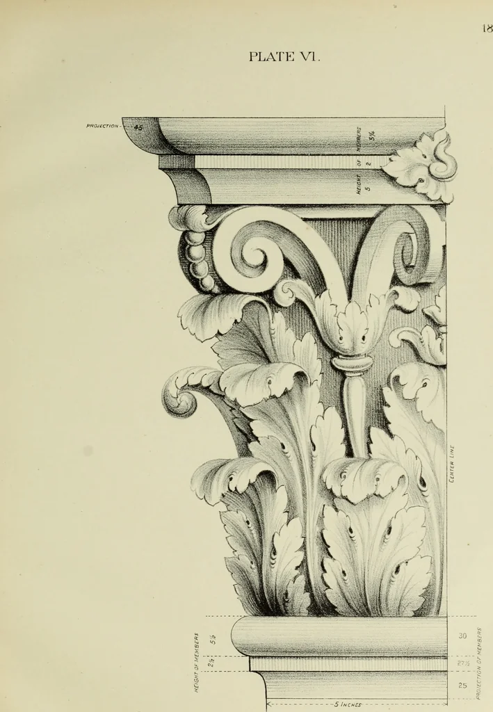 An illustration from Architectural proportion, illustrated : a new system of proportion showing the relation between an order of architecture and a building of any kind : rules for finding the height of foundations, bases, water-tables, window sills, doors, windows, balustrades and superimposed stories : width of doors, windows, architraves, pilasters and posts : height and projection of entablatures, cornices, and all exterior finish : also height of bases, window-stools, height and projection of stucco cornices, and interior finish, with many valuable tables, 1880, leaf 38