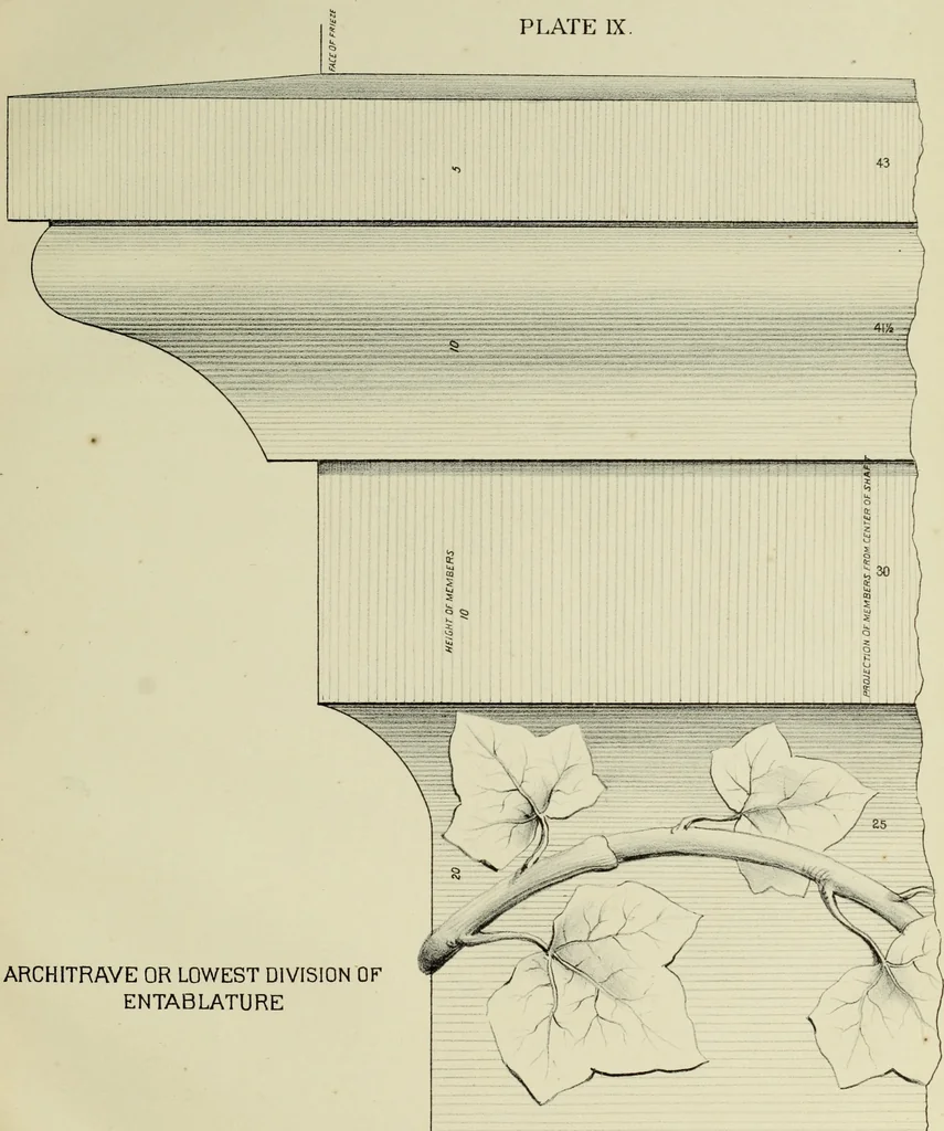 An illustration from Architectural proportion, illustrated : a new system of proportion showing the relation between an order of architecture and a building of any kind : rules for finding the height of foundations, bases, water-tables, window sills, doors, windows, balustrades and superimposed stories : width of doors, windows, architraves, pilasters and posts : height and projection of entablatures, cornices, and all exterior finish : also height of bases, window-stools, height and projection of stucco cornices, and interior finish, with many valuable tables, 1880, leaf 50