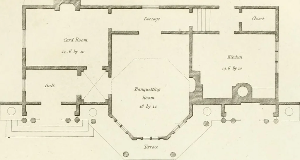 An illustration from Architectural sketches for cottages, rural dwellings, and villas, in the Grecian, Gothic, and fancy styles : with plans suitable to persons of genteel life and moderate fortune : preceded by some observations on scenery and character proper for picturesque buildings, 1805, leaf 104