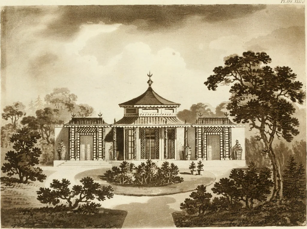 An illustration from Architectural sketches for cottages, rural dwellings, and villas, in the Grecian, Gothic, and fancy styles : with plans suitable to persons of genteel life and moderate fortune : preceded by some observations on scenery and character proper for picturesque buildings, 1805, leaf 108