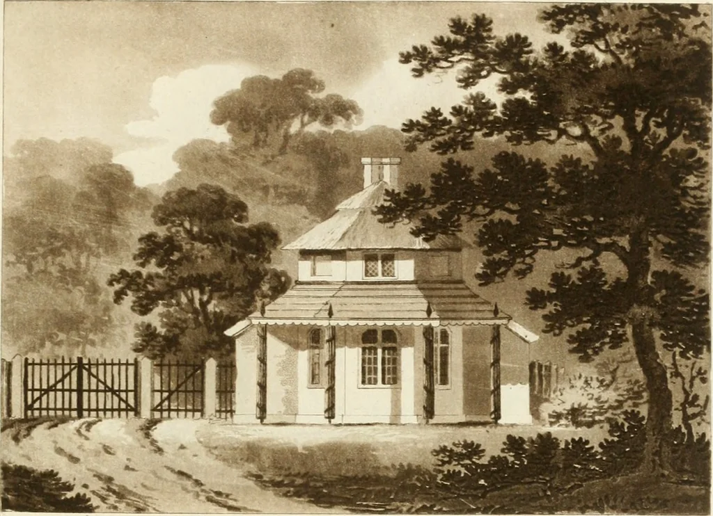 An illustration from Architectural sketches for cottages, rural dwellings, and villas, in the Grecian, Gothic, and fancy styles : with plans suitable to persons of genteel life and moderate fortune : preceded by some observations on scenery and character proper for picturesque buildings, 1805, leaf 42