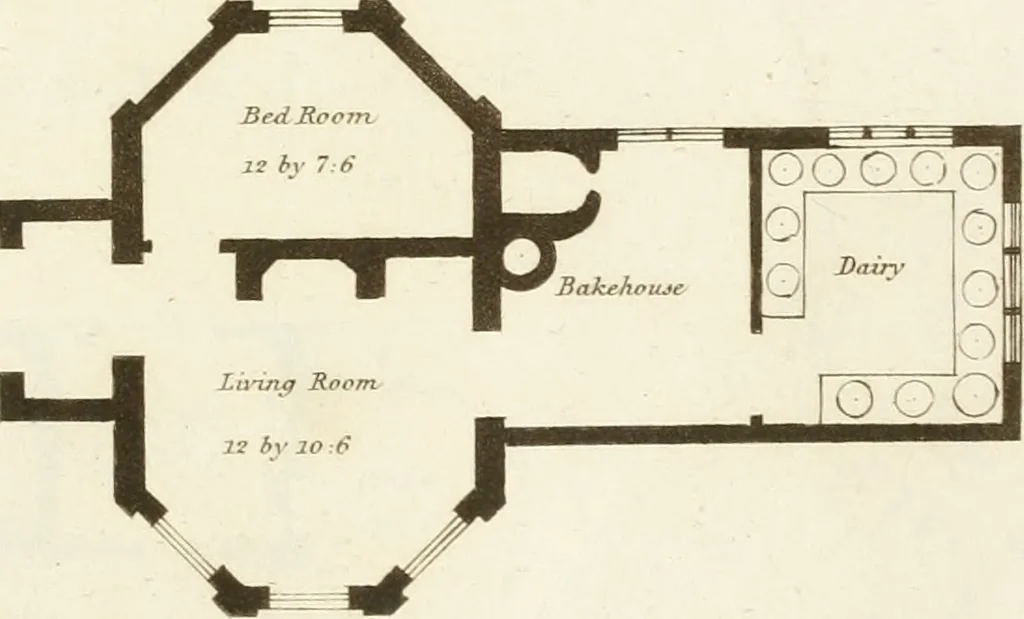 An illustration from Architectural sketches for cottages, rural dwellings, and villas, in the Grecian, Gothic, and fancy styles : with plans suitable to persons of genteel life and moderate fortune : preceded by some observations on scenery and character proper for picturesque buildings, 1805, leaf 44