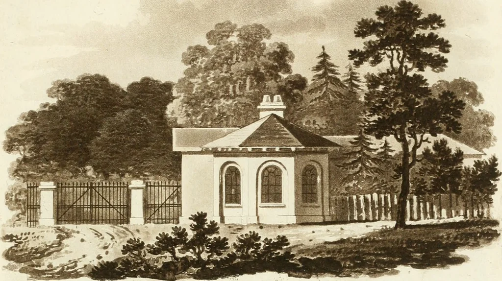 An illustration from Architectural sketches for cottages, rural dwellings, and villas, in the Grecian, Gothic, and fancy styles : with plans suitable to persons of genteel life and moderate fortune : preceded by some observations on scenery and character proper for picturesque buildings, 1805, leaf 44