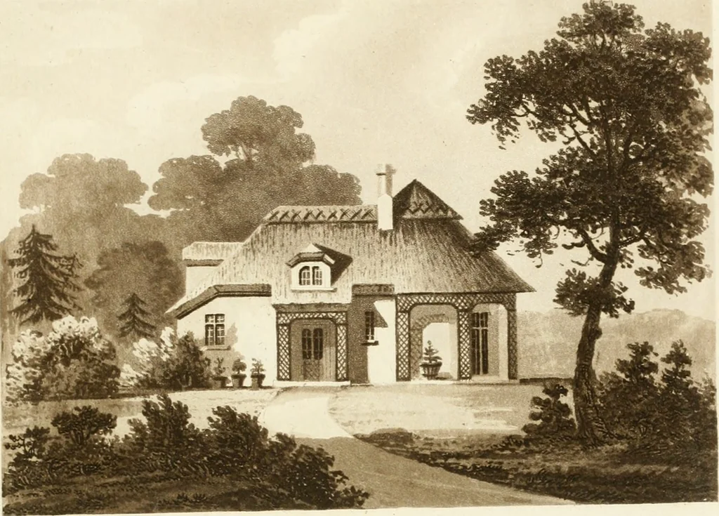 An illustration from Architectural sketches for cottages, rural dwellings, and villas, in the Grecian, Gothic, and fancy styles : with plans suitable to persons of genteel life and moderate fortune : preceded by some observations on scenery and character proper for picturesque buildings, 1805, leaf 46